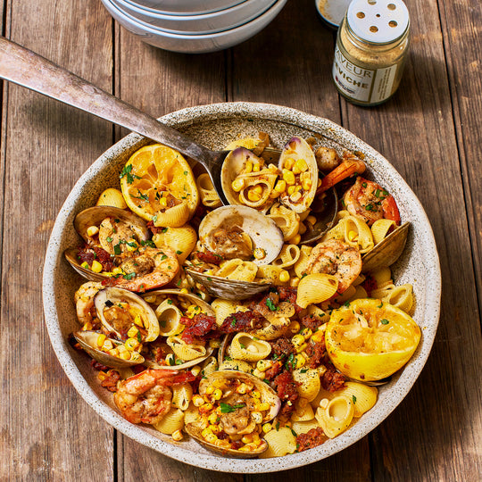 Seafood Pasta with Chorizo and Corn