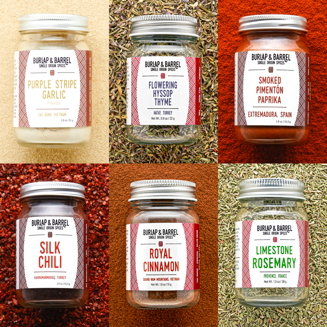 6 Spice Fundamentals Collection with Purple Stripe Garlic, Flowering Hyssop Thyme, Smoked Pimenton Paprika, Silk Chili, Royal Cinnamon and Limestone Rosemary