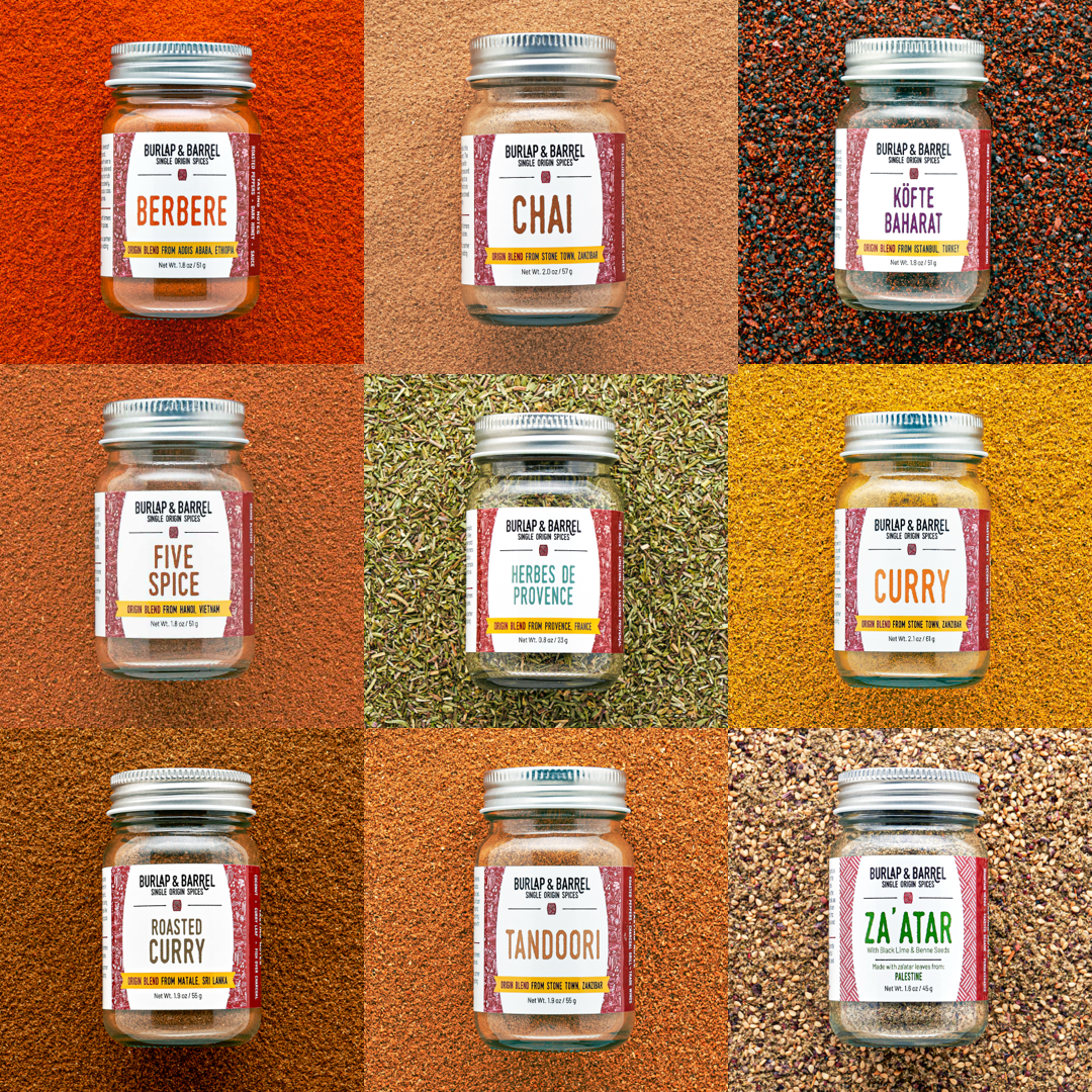 9 Spice Set of Single Origin Spice Blends: Berbere, Chai, Kofte Baharat, Five Spice, Herbes de Provence, Curry, Roasted Curry, Tandoori & Za'atar