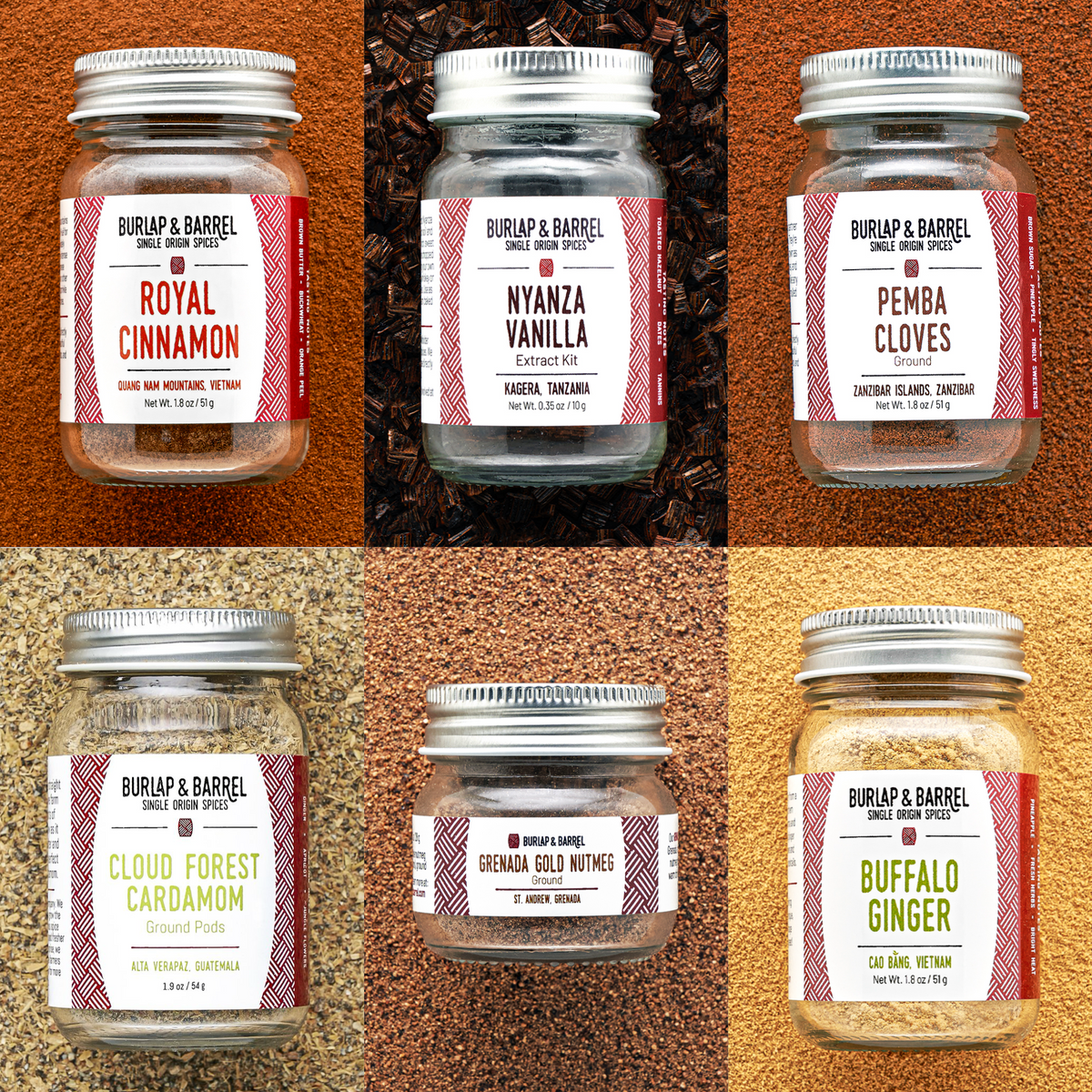 6 Pack Baking Collection with Royal Cinnamon, Nyanza Vanilla Extract Kit, Ground Pemba Cloves, Cloud Forest Cardamom, Ground Grenada Gold Nutmeg and Buffalo Ginger