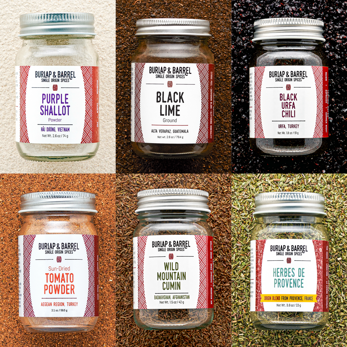 6 Spice Chef's Collection with Purple Shallot Powder, Black Lime, Black Urfa Chili, Sun-Dried Tomato Powder, Wild Mountain Cumin & Herbes de Provence