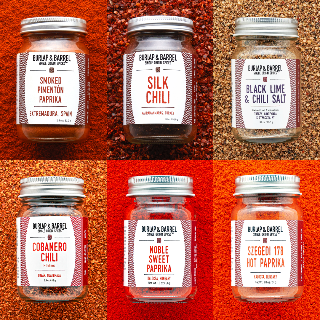 6 Chili Collection with Smoked Pimenton paprika, silk chili, black lime & chili salt, cobanero chili, noble sweet paprika and szegedi 178 hot paprika